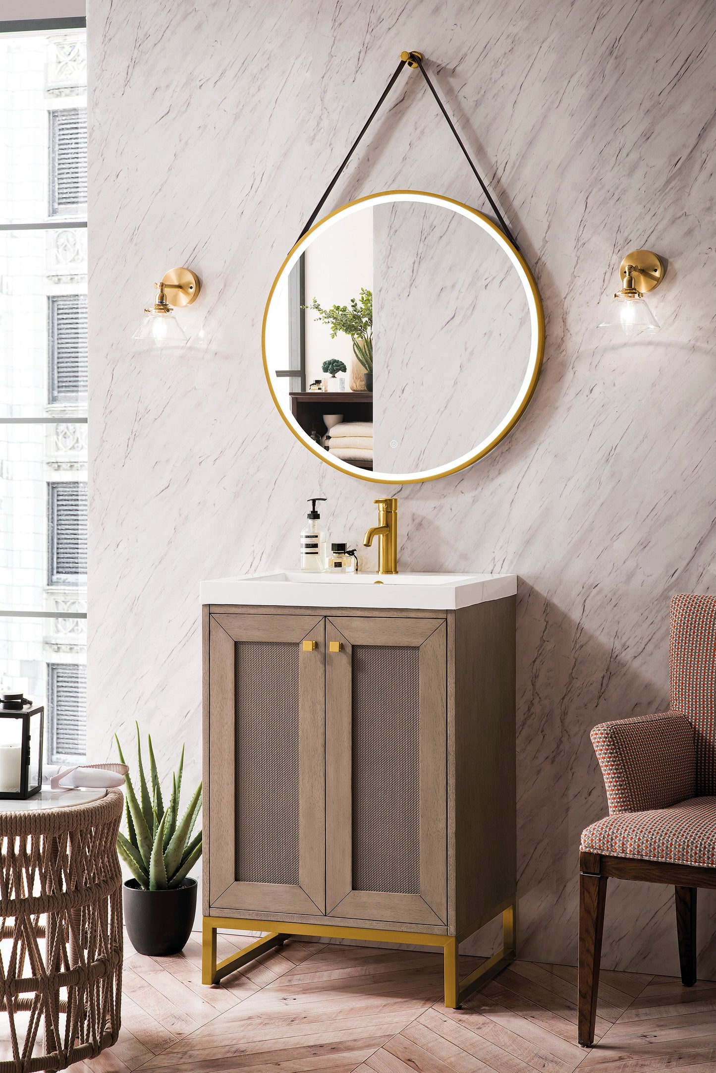 Chianti 20" Single Vanity, Whitewashed Walnut, Radiant Gold, w/ White Glossy Composite Stone Top