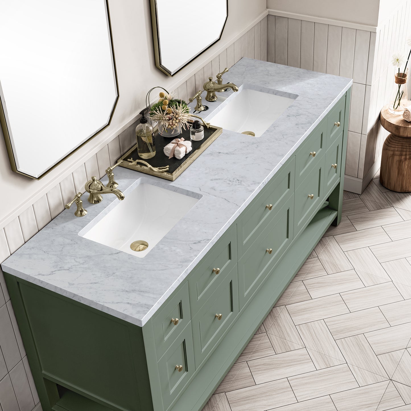 Breckenridge 72" Double Vanity, Smokey Celadon w/ 3 CM Carrara Marble Top