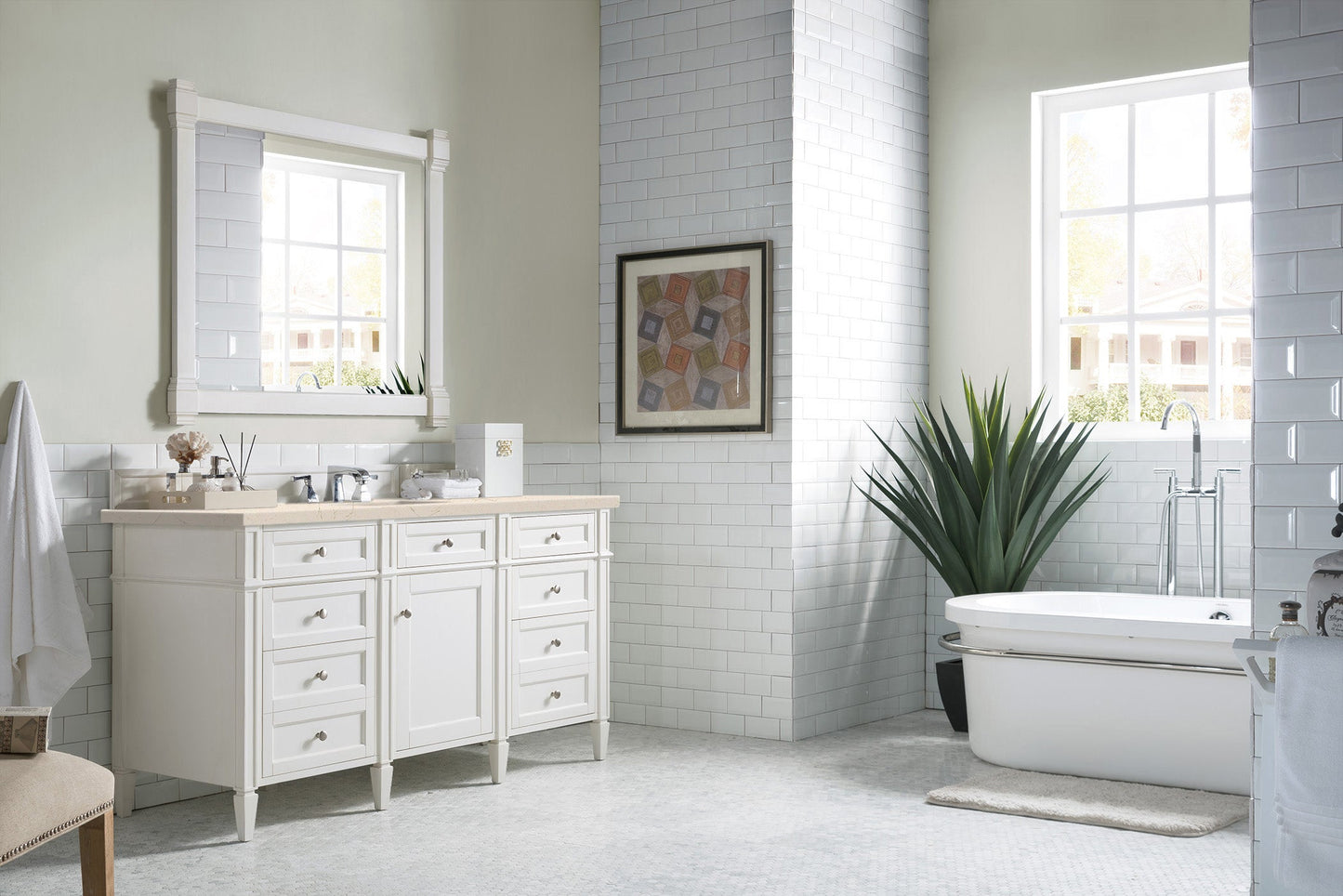 Brittany 60" Single Vanity, Bright White w/ 3 CM Eternal Marfil Quartz Top