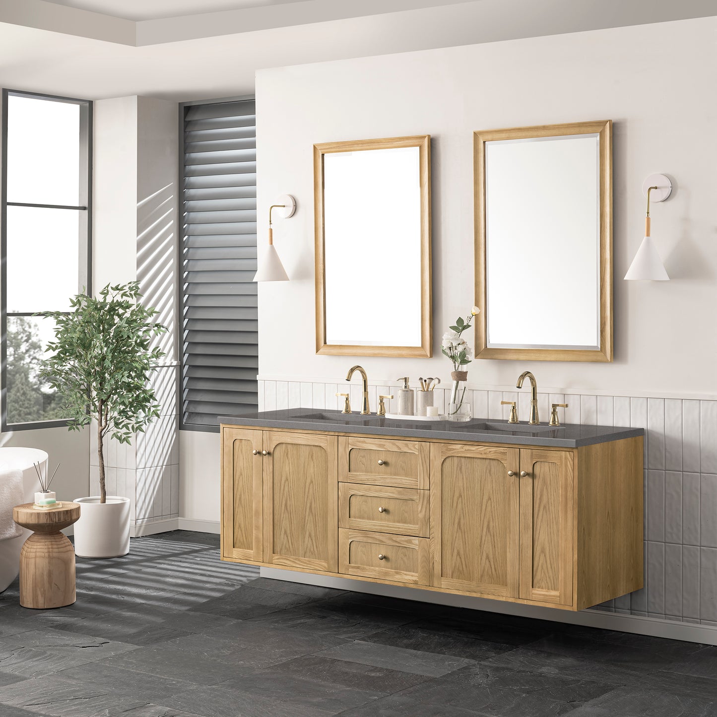 Laurent 72" Double Vanity, Light Natural Oak w/ 3 CM Grey Expo Top