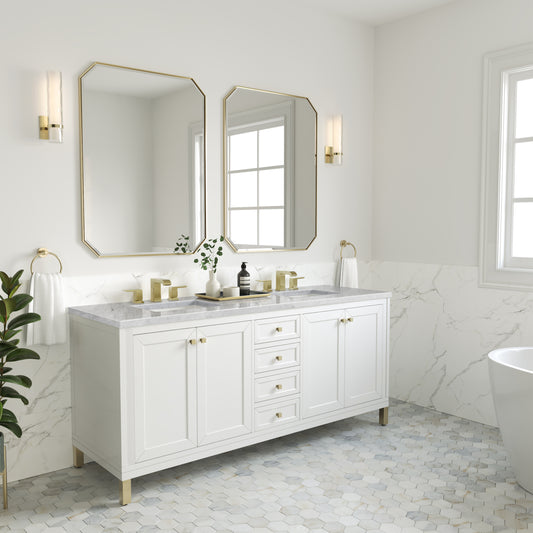 Chicago 72" Double Vanity, Glossy White w/ 3 CM Carrara Marble Top