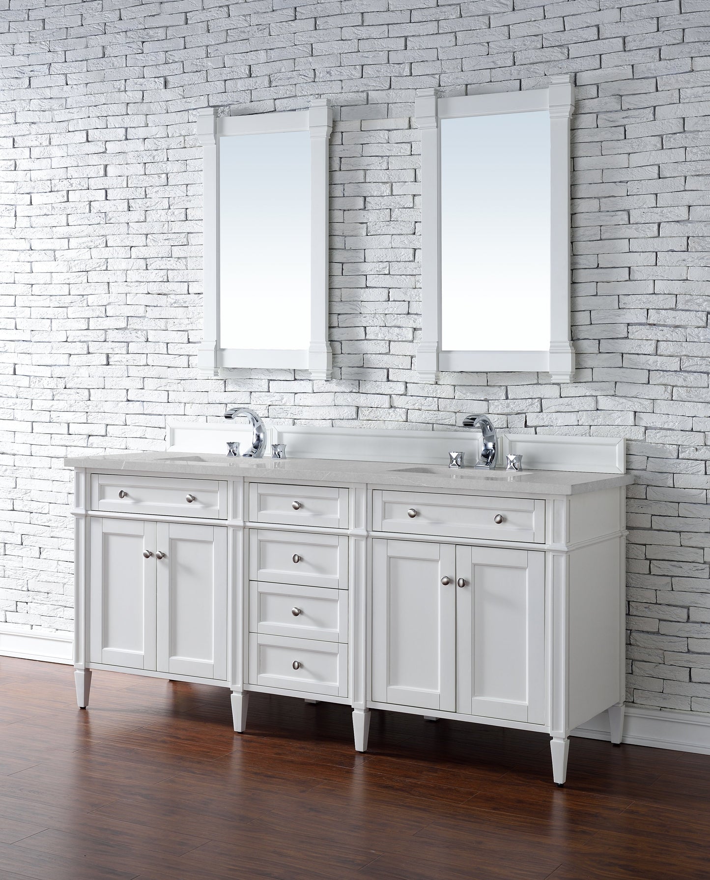 Brittany 72" Double Vanity, Bright White Vanity w/ 3 CM Eternal Serena Quartz Top