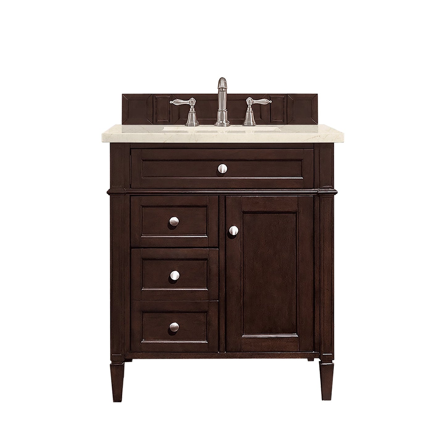 Brittany 30" Single Vanity, Burnished Mahogany, w/ 3 CM Eternal Marfil Quartz Top