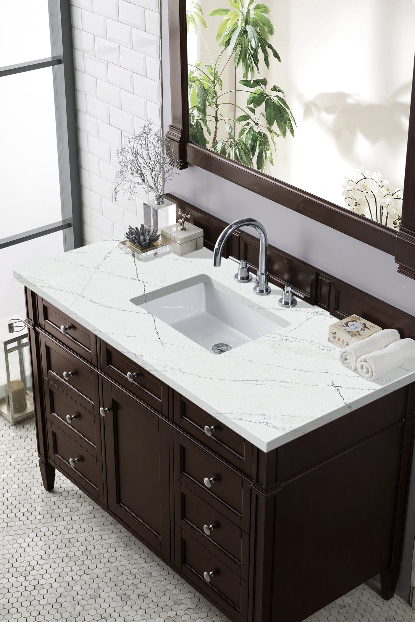 Brittany 48" Single Vanity, Burnished Mahogany w/ 3 CM Ethereal Noctis Quartz Top