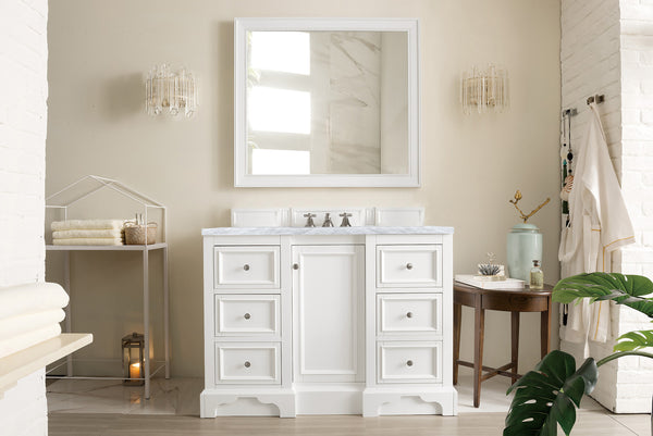 De Soto 48 Single Vanity, Bright White w/ 3 CM Carrara Marble Top