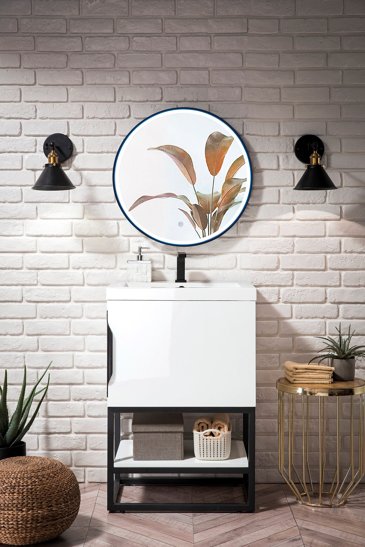 Columbia 24" Single Vanity, Glossy White, Matte Black w/ White Glossy Composite Stone Top