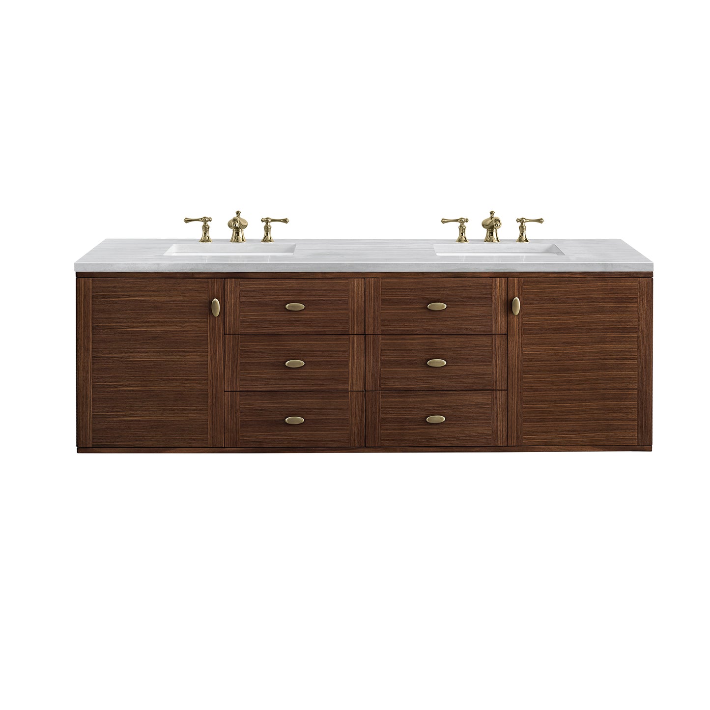 Amberly 72" Double Vanity, Mid-Century Walnut w/ 3 CM Arctic Fall Top