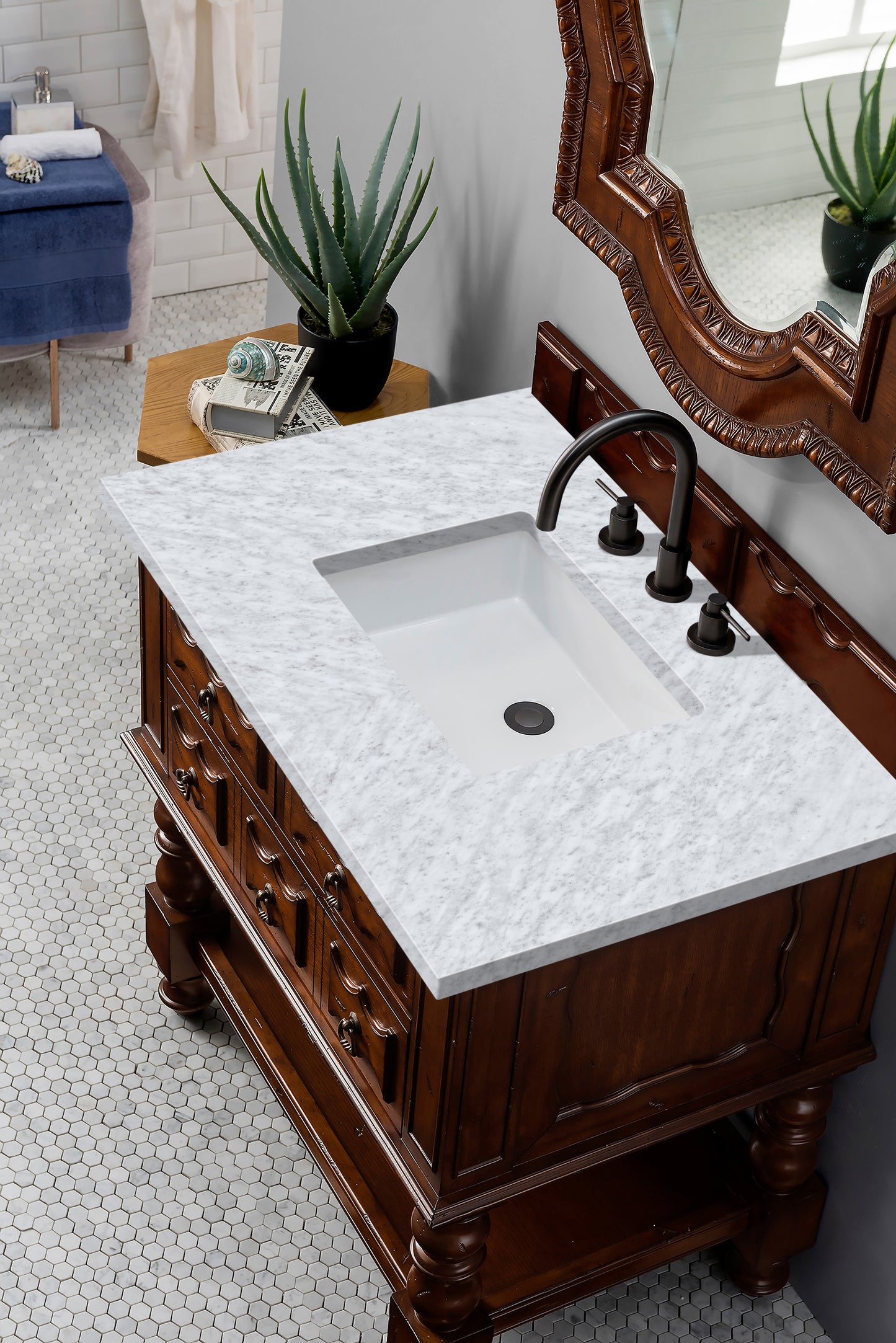 Castilian 36" Single Vanity, Aged Cognac w/ 3 CM Carrara Marble Top