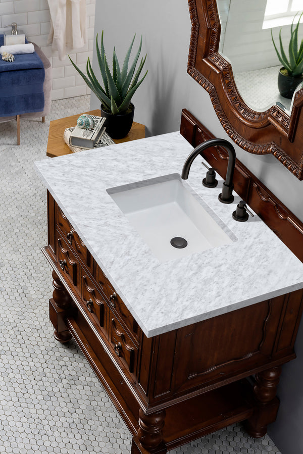 Castilian 36 Single Vanity, Aged Cognac w/ 3 CM Carrara Marble Top